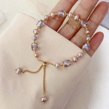 Vintage Purple Imitation Pearl Bracelet for Women Girls Fashion Design Crystal Adjustable Chain Bracelet Jewelry Gifts