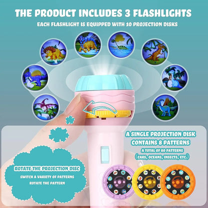 Flashlight Projector Toy for Boys Girls Toy Animal Dinosaur Vehicle Fruit with Projectors &  Patterns for Fun Cognition Bedtime