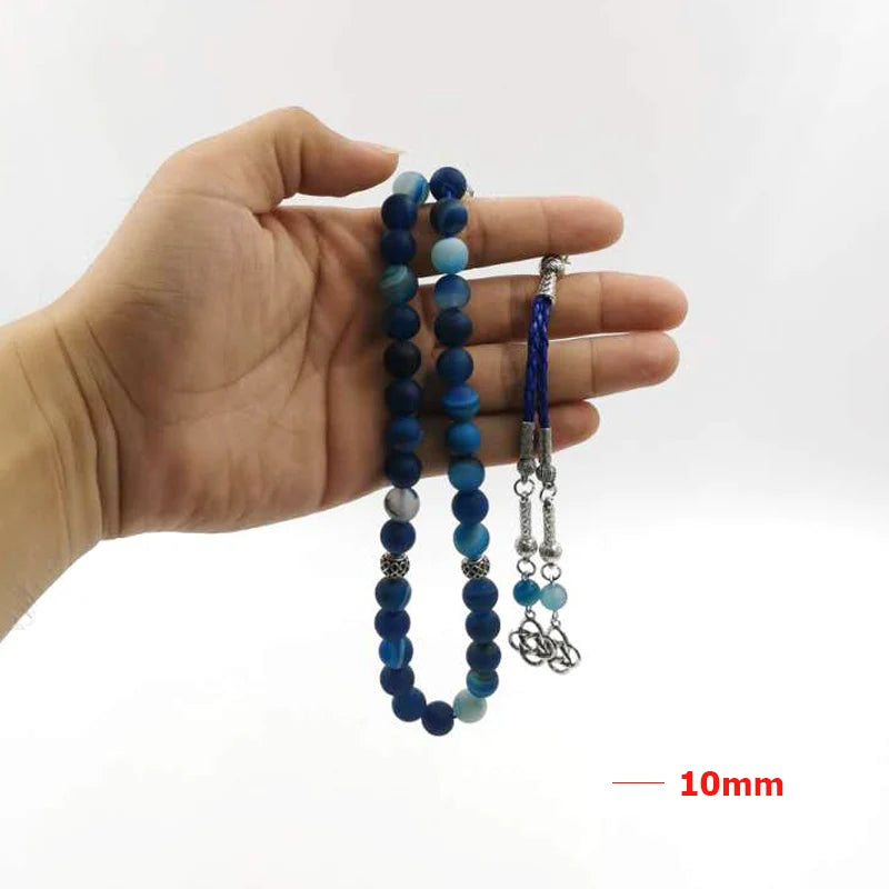 Tasbih mans Natuurlike Mat Blou Agate klip gebed krale Moslem Misbaha geskenk 33krale Professionele Islamitiese rosekrans kraal