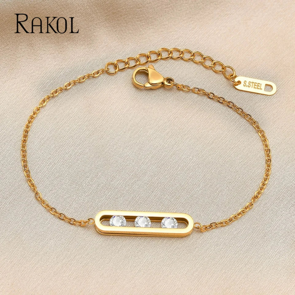 RAKOL Luxury Turnable Slidable CZ Zirconia Crystals Bracelets for Women Stainless Steel Chain Jewelry