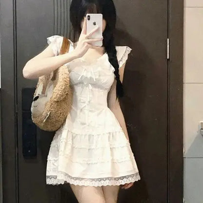 QWEEK Y2k Coquette White Lolita Sweet White Kwaii Cute Mini Dress Women Lace Bow Princess Slip Lace Short Dresses 2024 Fashion