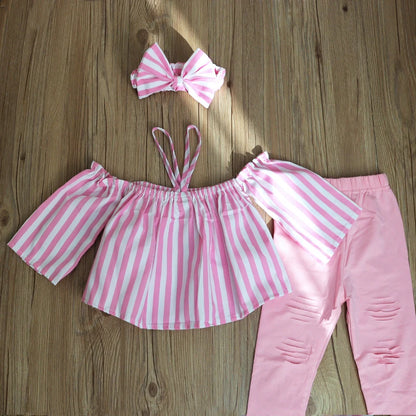 1-7Y Fashion Children Kids Girl 3Pcs Summer Outfit Off Shoulder Stripe Tops+Ripped Pants+Headbands Set Outfit Kid Girls Clothes