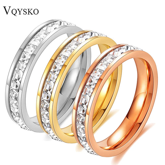 VQYSKO Square Zircon Stainless Steel Ring White Zircon Engagement Party Accessories Geometric Couple Custom Ring