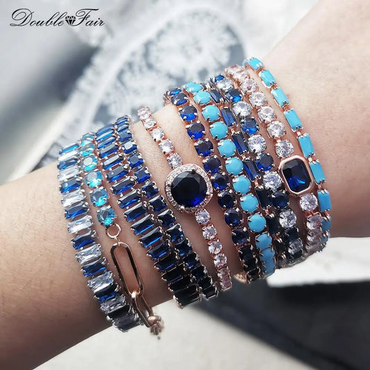 Adjustable Blue Crystal Tennis Bracelets for Unisex Women Men Various Shapes Iced Out CZ Short Chain on Hand Fashion Jewelry