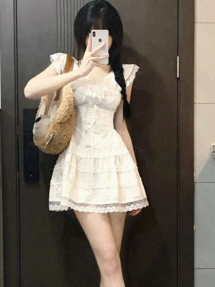 QWEEK Y2k Coquette White Lolita Sweet White Kwaii Cute Mini Dress Women Lace Bow Princess Slip Lace Short Dresses 2024 Fashion