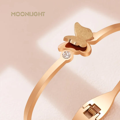 MOONLIGHT Rose Golden Retroflex Pattern Hollow-out Titanium Steel Bangles for Woman LOVE Fashion Accessories Party Jewelry Gifts