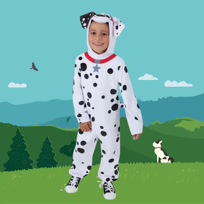 Kids Unisex Adorable Polyester Plush Cartoon Dalmatians Dog Jumpsuit Costume For Halloween Fancy-dress up Party