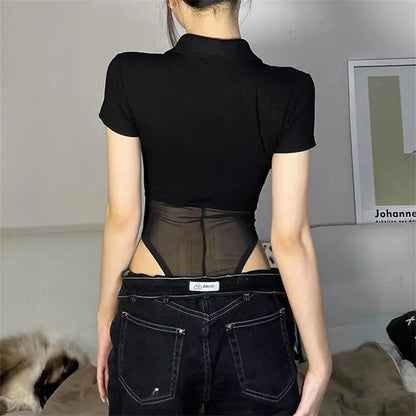 Women Short Sleeve Top Perspective Mesh Bodysuit Jumpsuit Woman Clothing Black Solid Zip Sexy Summer Street Y2k Bodysuit Black