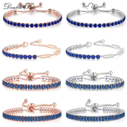 Adjustable Blue Crystal Tennis Bracelets for Unisex Women Men Various Shapes Iced Out CZ Short Chain on Hand Fashion Jewelry