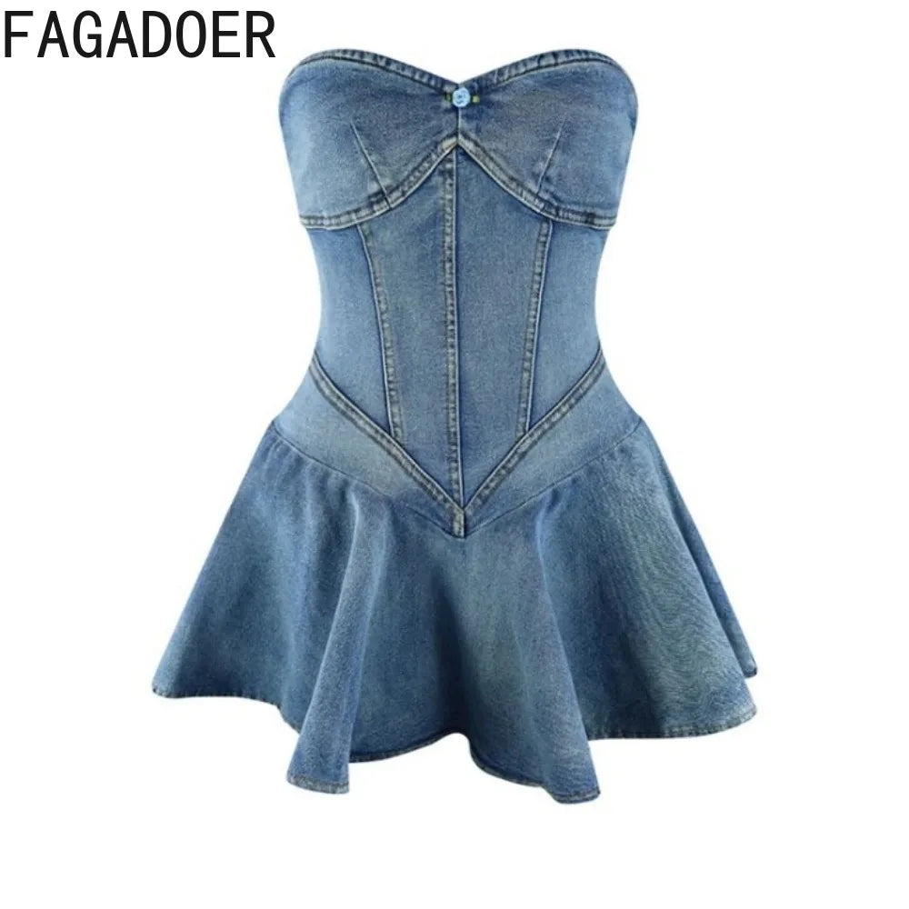 FAGADOER Y2K Street Sweet Pleat Denim Tube Mini Dress Women High Quality Elastic Sleeveless Backless Vestidos Fashion Streetwear