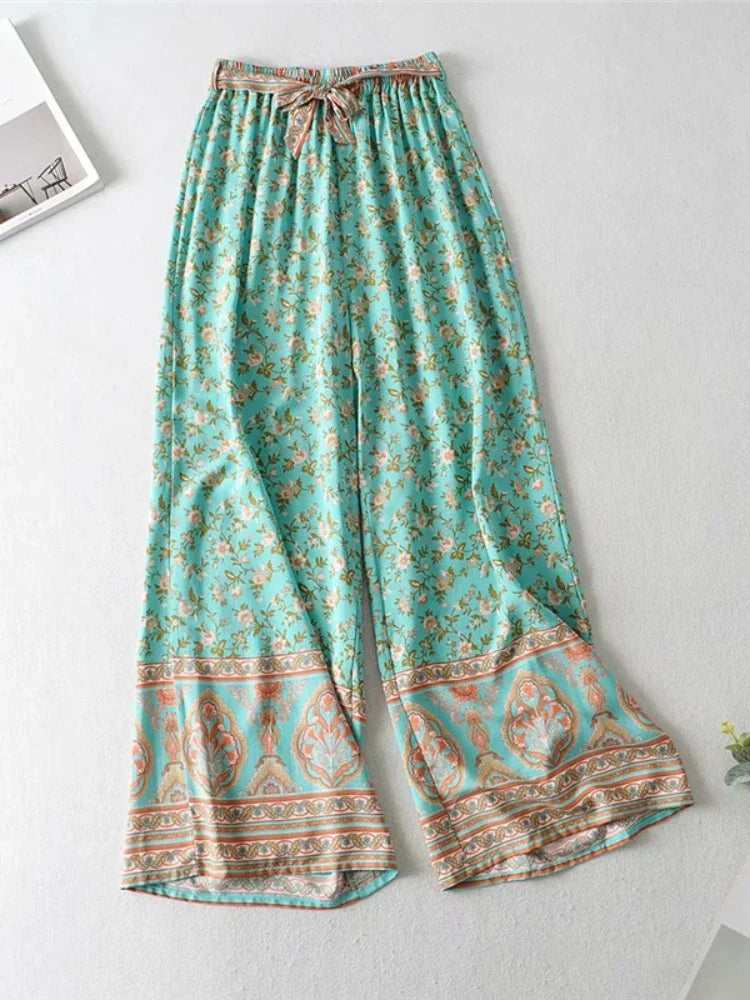 Vintage Chic  Women Floral Print Outfits Strap Sleeveless Tops Bohemian Suits Drawstring Pants 2 Pieces Rayon Cotton Boho Sets