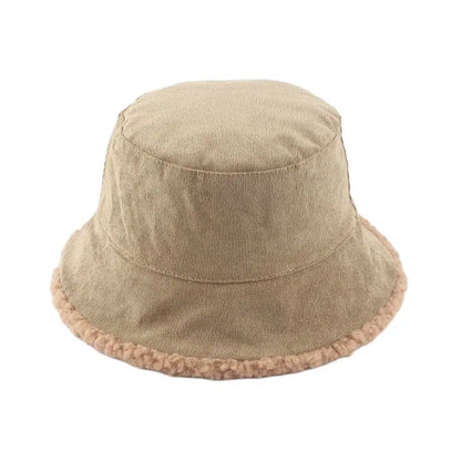 Unisex Harajuku Corduroy Bucket Hat Men Reversible Fisherman Hat Autumn Winter Lamb Wool Outdoor Warm Panama Cap For Women