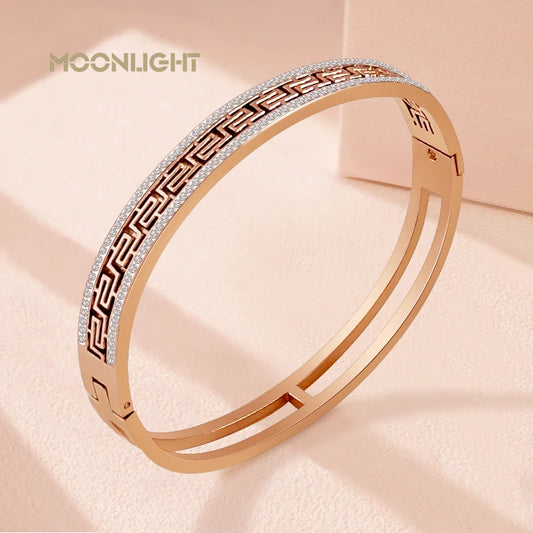 MOONLIGHT Rose Golden Retroflex Pattern Hollow-out Titanium Steel Bangles for Woman LOVE Fashion Accessories Party Jewelry Gifts