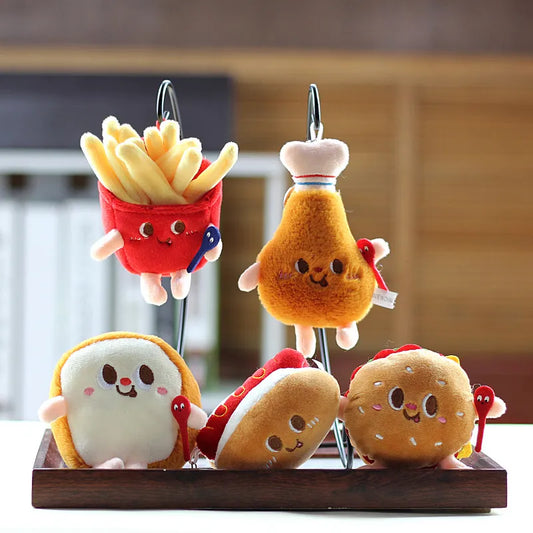 Hamburg Hot Dog Fries Bread Drumsticks Plush Pendant Keychain Creative Cartoon Bag Decoration Car Key Accessories For Girl Gift