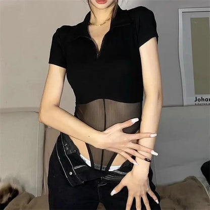 Women Short Sleeve Top Perspective Mesh Bodysuit Jumpsuit Woman Clothing Black Solid Zip Sexy Summer Street Y2k Bodysuit Black