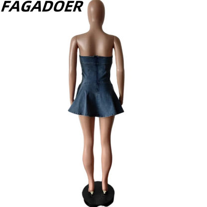 FAGADOER Y2K Street Sweet Pleat Denim Tube Mini Dress Women High Quality Elastic Sleeveless Backless Vestidos Fashion Streetwear