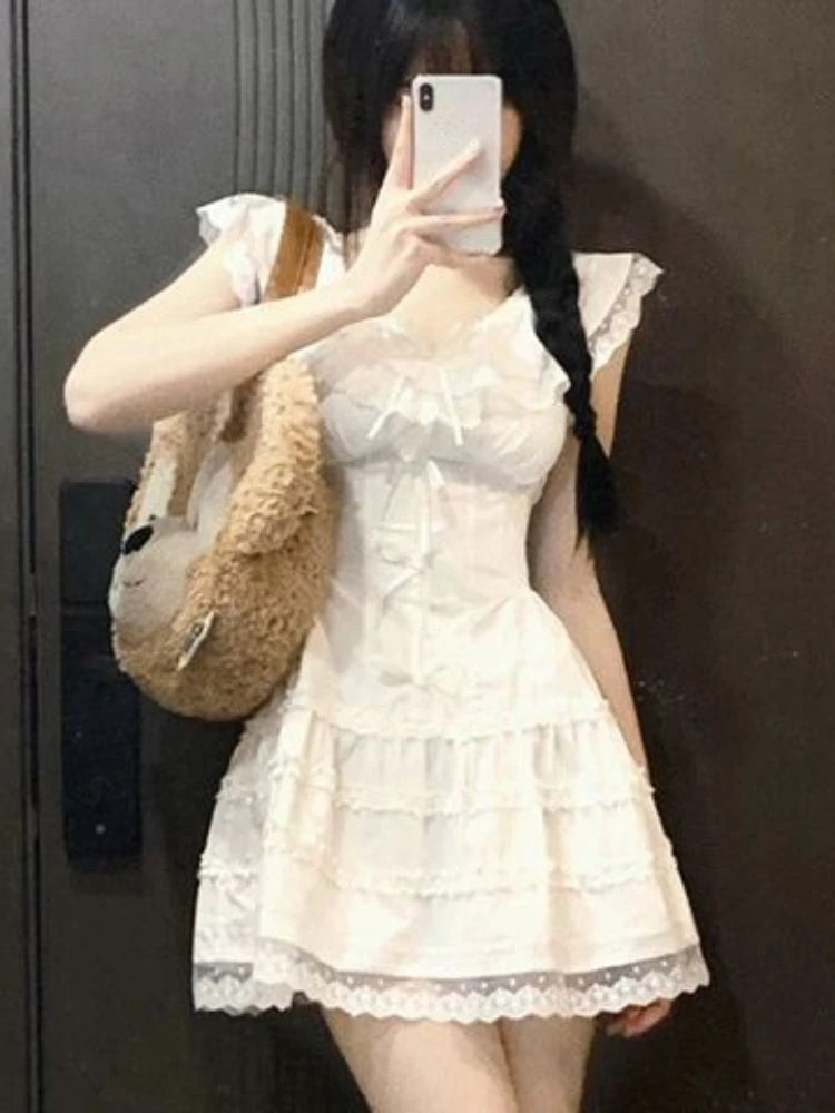 QWEEK Y2k Coquette White Lolita Sweet White Kwaii Cute Mini Dress Women Lace Bow Princess Slip Lace Short Dresses 2024 Fashion