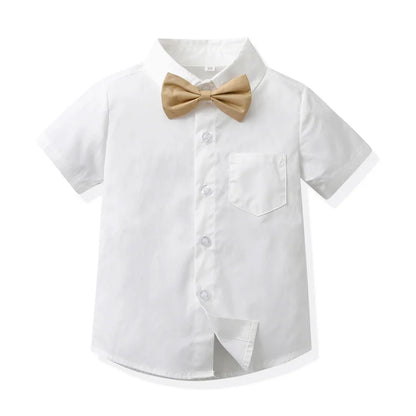 top and top New Toddler Boys Gentleman Clothing Sets Short Sleeve Bowtie Shirt Tops+Suspenders Shorts Kids Boy Clothes Outfits