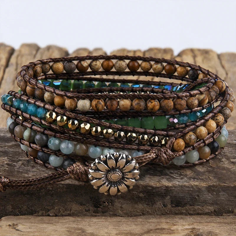 Mode-boheemse krale-juweliersware Handgemaakte gemengde natuurlike klip kristal en blou klip sjarme 5 stringe wrap armbande