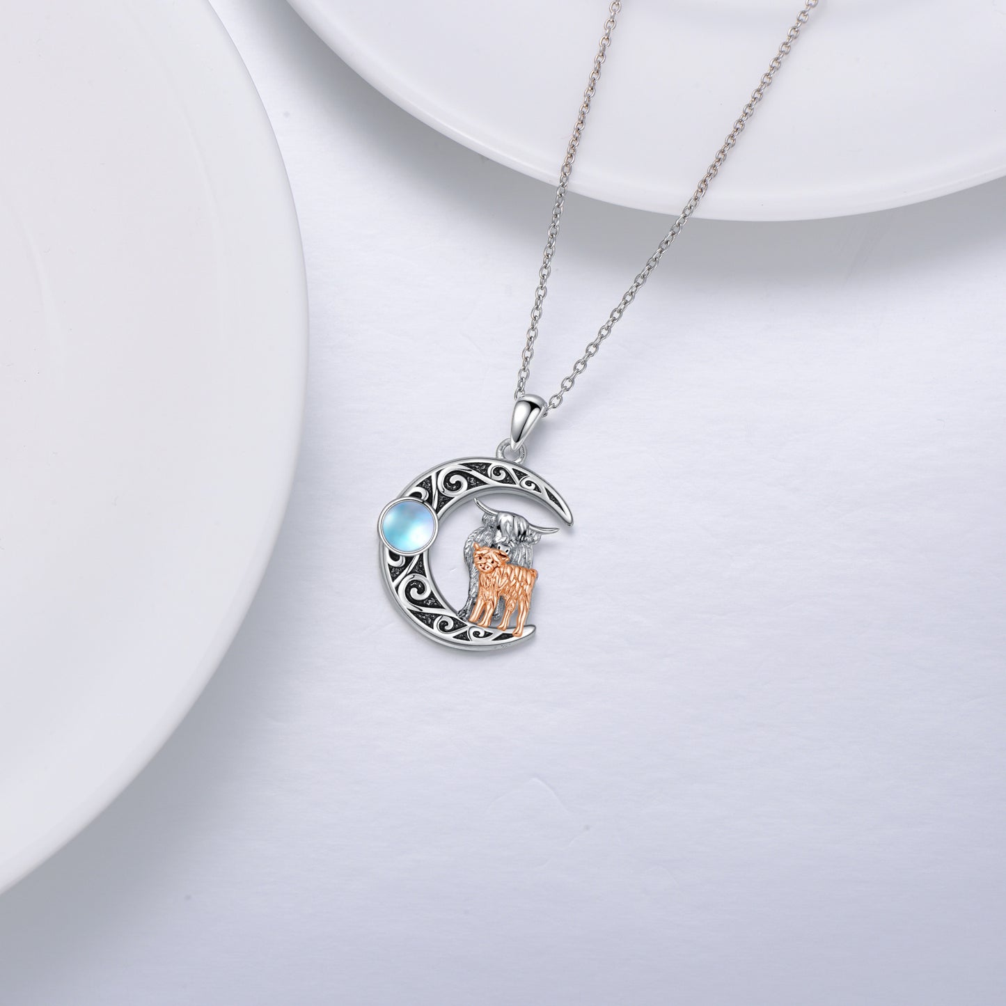 Meta  Mother Mother  Kids Highland Cow Moon 925 Sterling Silver Necklace With Moonstone