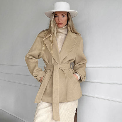 Digital  Woman Fashion  Retro Khaki Suit Collar Trench Coat Coat