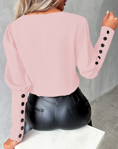 Meta  Digi Store  Fashion V-neck Long Sleeve Blouse With Button Design Commuter Leisure Solid Shirt Top Womens Clothing