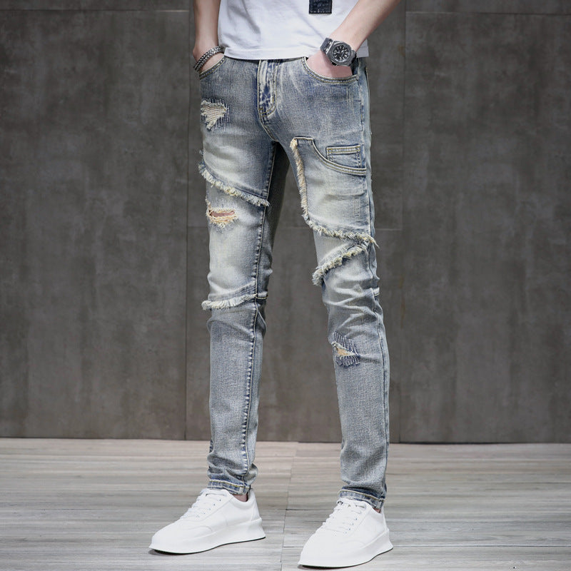 Meta Digital Store Jeans Distressed Raw Hem Ripped Stitching Stretch Denim Trousers