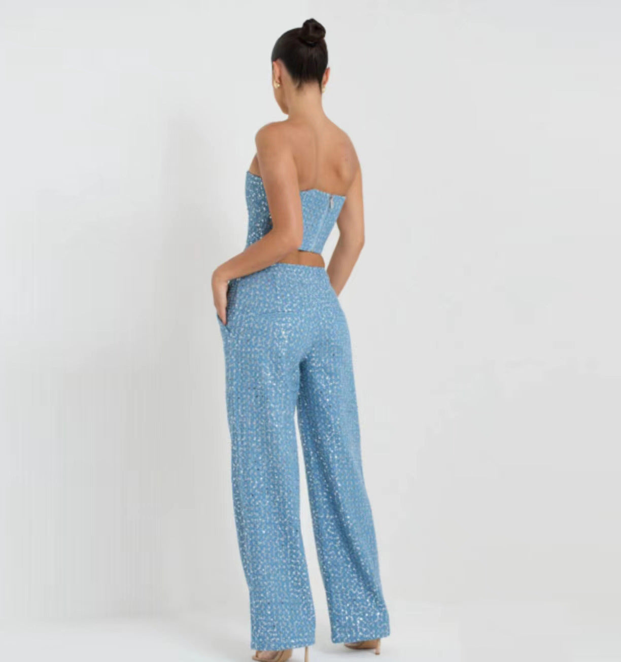 Fashion Denim Sequined Tube Top Wide Leg Pants Suit