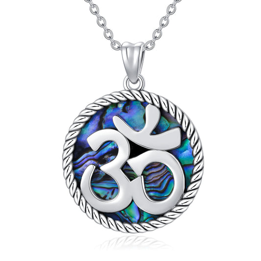 Meta  Fashion 925 Sterling Silver Yoga with Abalone Shell Indian Yoga Aum Om Ohm Symbol Pendant Necklace Jewelry