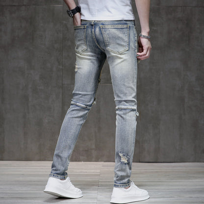 Meta Digital Store Jeans Distressed Raw Hem Ripped Stitching Stretch Denim Trousers