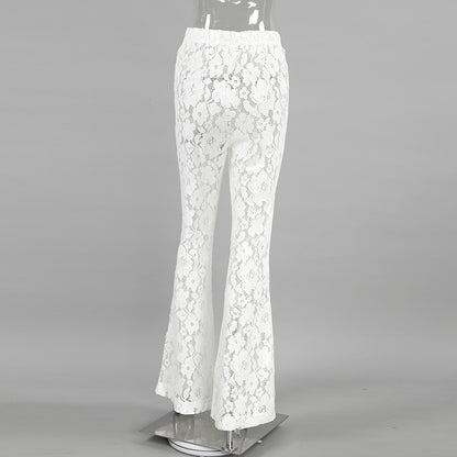 Cotton Lace White Jacquard See-through High Waist Casual Flared Pants