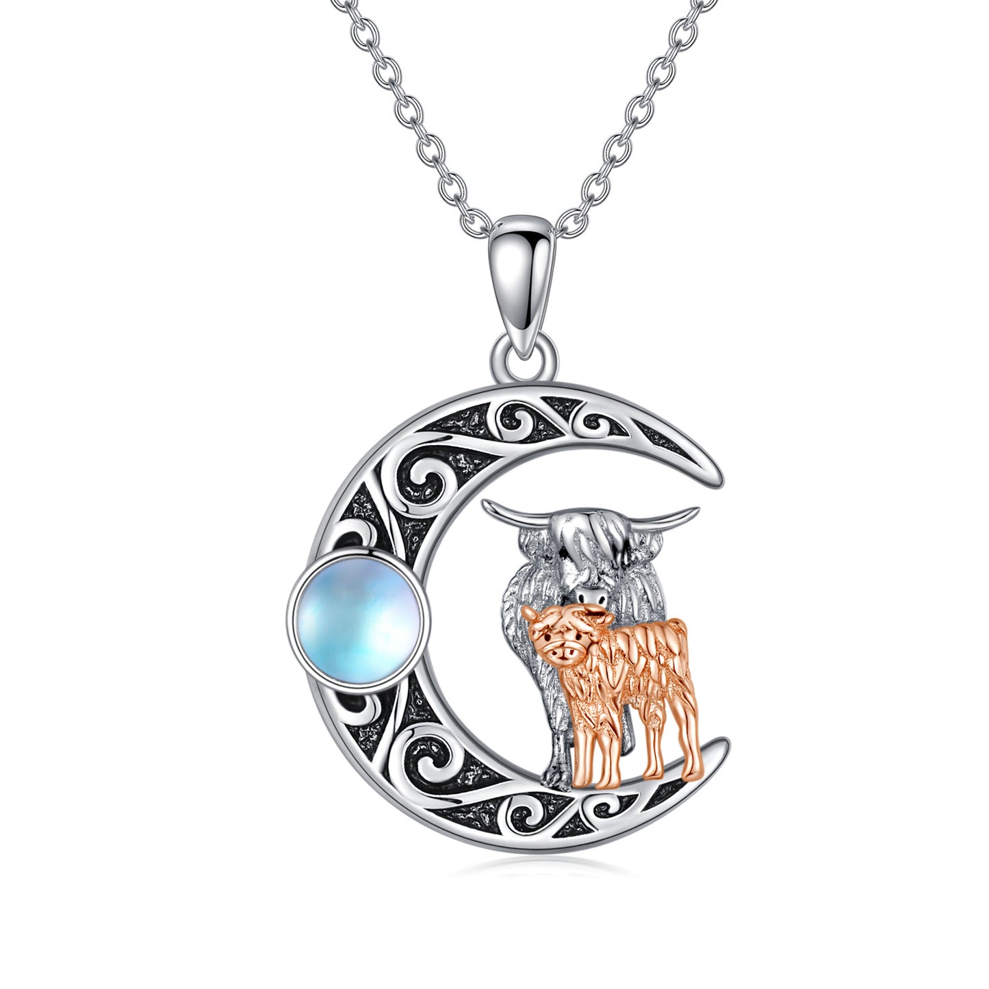 Meta  Mother Mother  Kids Highland Cow Moon 925 Sterling Silver Necklace With Moonstone