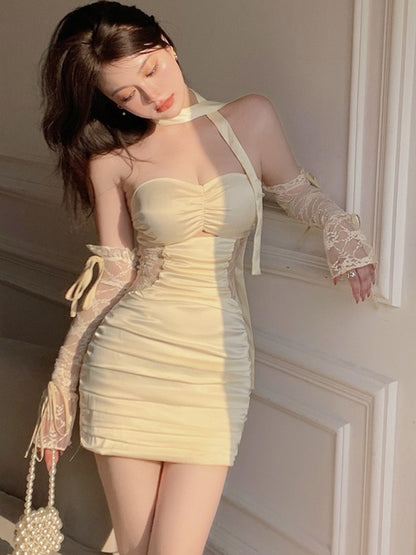 Lace Stitching Sweet And Spicy Neck-hanging Fold Bag Hip Dress Woman