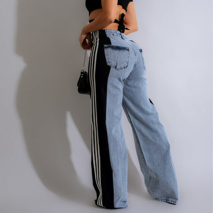 Meta  Digital Store  2024 Fashion Casual High Waist Elastic Straight Leg Trousers Three Stripe Patchwork Denim Wide Leg Pants Streetwear