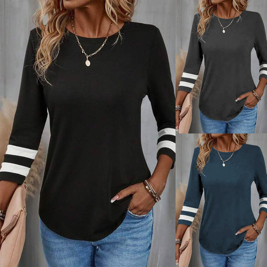 European And American Round Neck Long-sleeved Striped T-shirt Fashion Simple