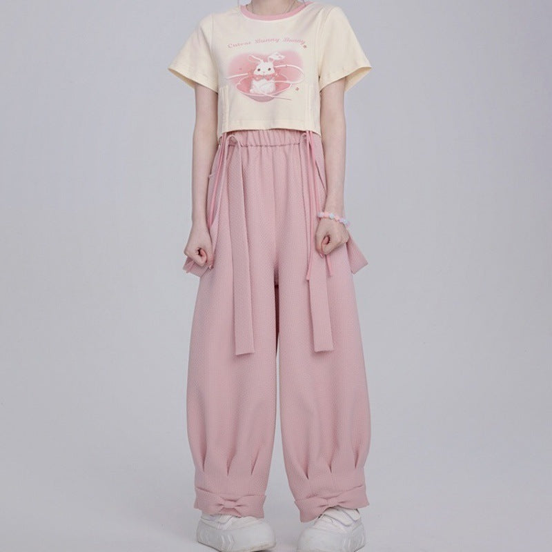 Pure Cotton Sweet Drawstring Women's Small Blush Rabbit Suspender Pants