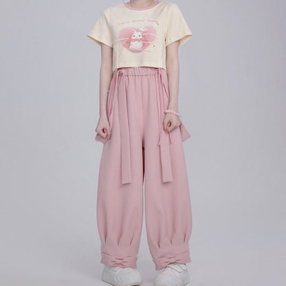 Pure Cotton Sweet Drawstring Women's Small Blush Rabbit Suspender Pants