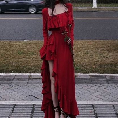 Fork Halter Square Collar Top Long Dress