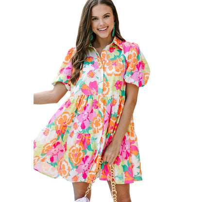 Summer Floral Print Puff Sleeve Dress