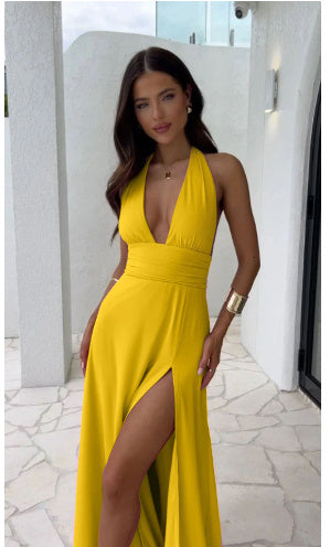 Meta  Sexy Halterneck V-neck Slit Dress Summer Backless Strappy Skirt Fashion Temperament Clothing Women