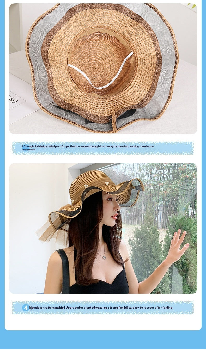 Digital  Woman Big  Brim Bow  Ribbon Beach Hat Summer Outdoor Sun Hat Wave Straw Hat Lace Edge Pearl Sun Hat