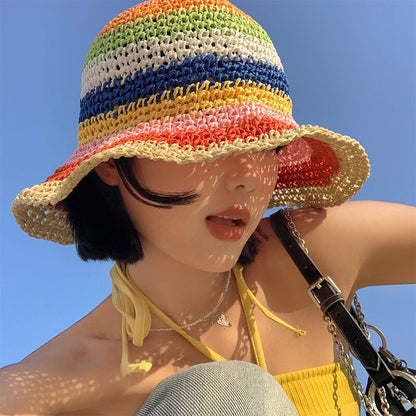 Digi  Store Rainbow  Straw Bucket Hat Women's Summer Breathable Sun-proof Sun Protection