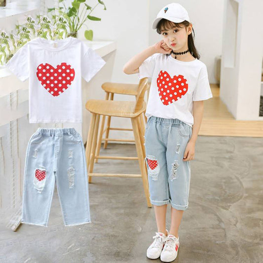 Meta Digital Store Girls Clothes Girls White T-shirt Ripped Jeans Kids Suit